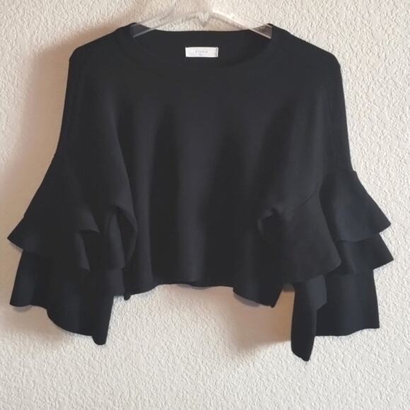 Elodie NWOT Black Cropped Tiered Ruffle 3/4 Sleeve Boxy Knit Sweater L - Picture 3 of 16